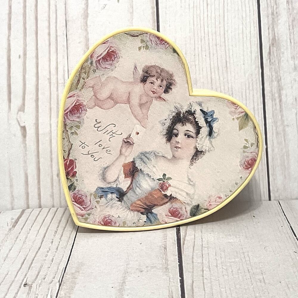 Vintage Heart Trinket Box Old Print Factory USA Cupid Victorian Cottagecore Deco